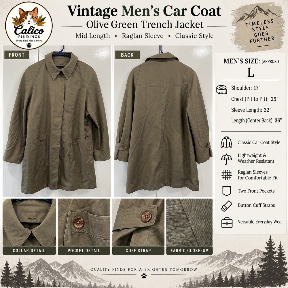 Vintage Olive Green Car Coat Trench Jacket Mid Length Raincoat Raglan Sleeve